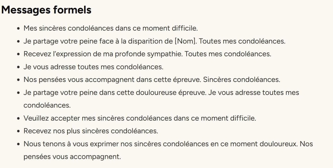 Exemples de Messages de condoléances Formels